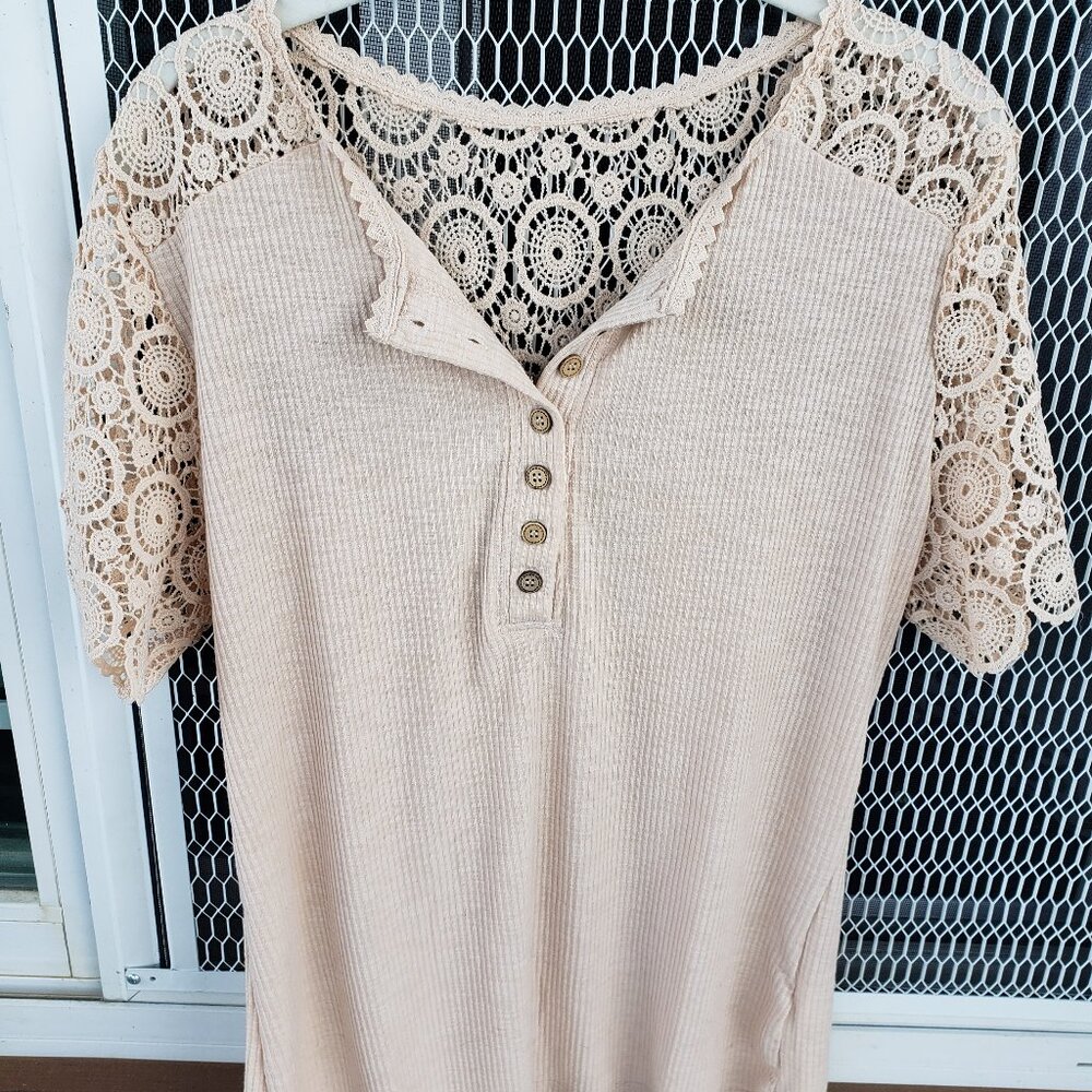 Beige Ribbed Top with Crochet Lace Sleeves